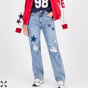 NWT Madden Girl Star Patch High Waist Straight Leg Distressed Jeans